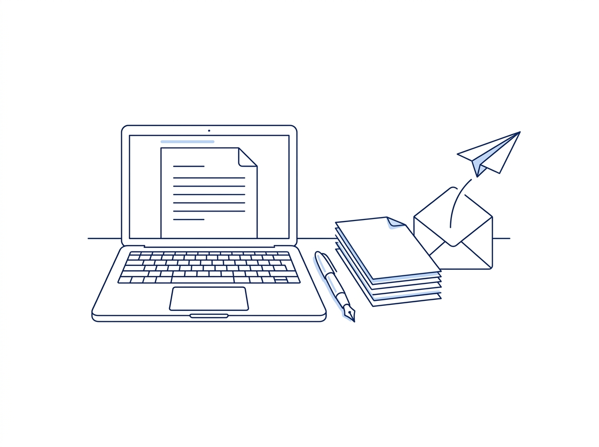 Line illustration of a laptop, papers and an envelope sending an application
