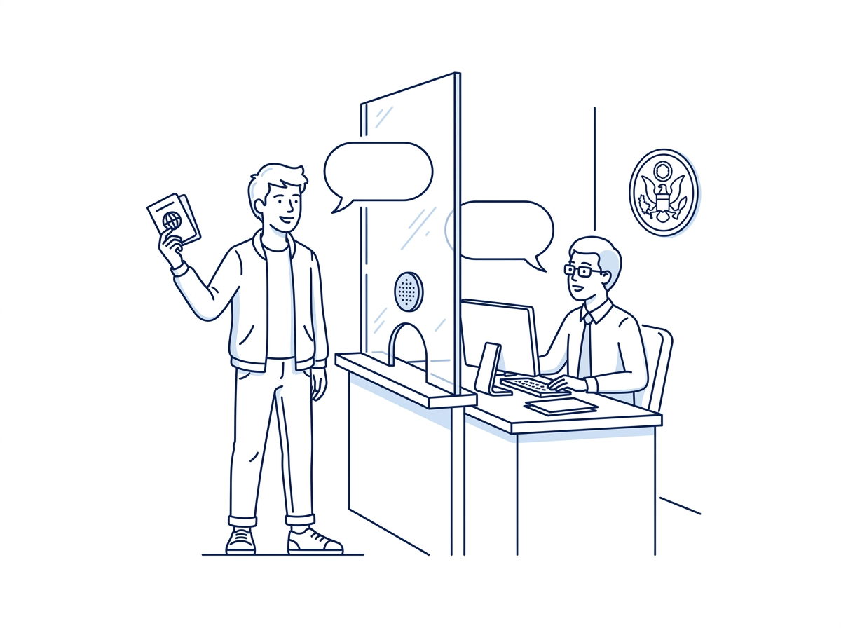 Line illustration of a student holding a passport at a consulate interview window