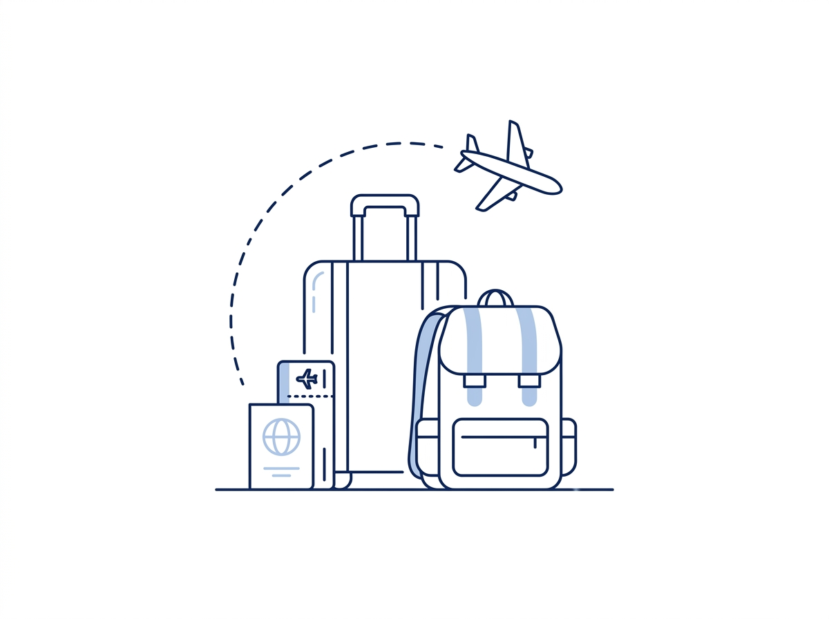 Line illustration of a suitcase, passport and an airplane on a dotted flight path