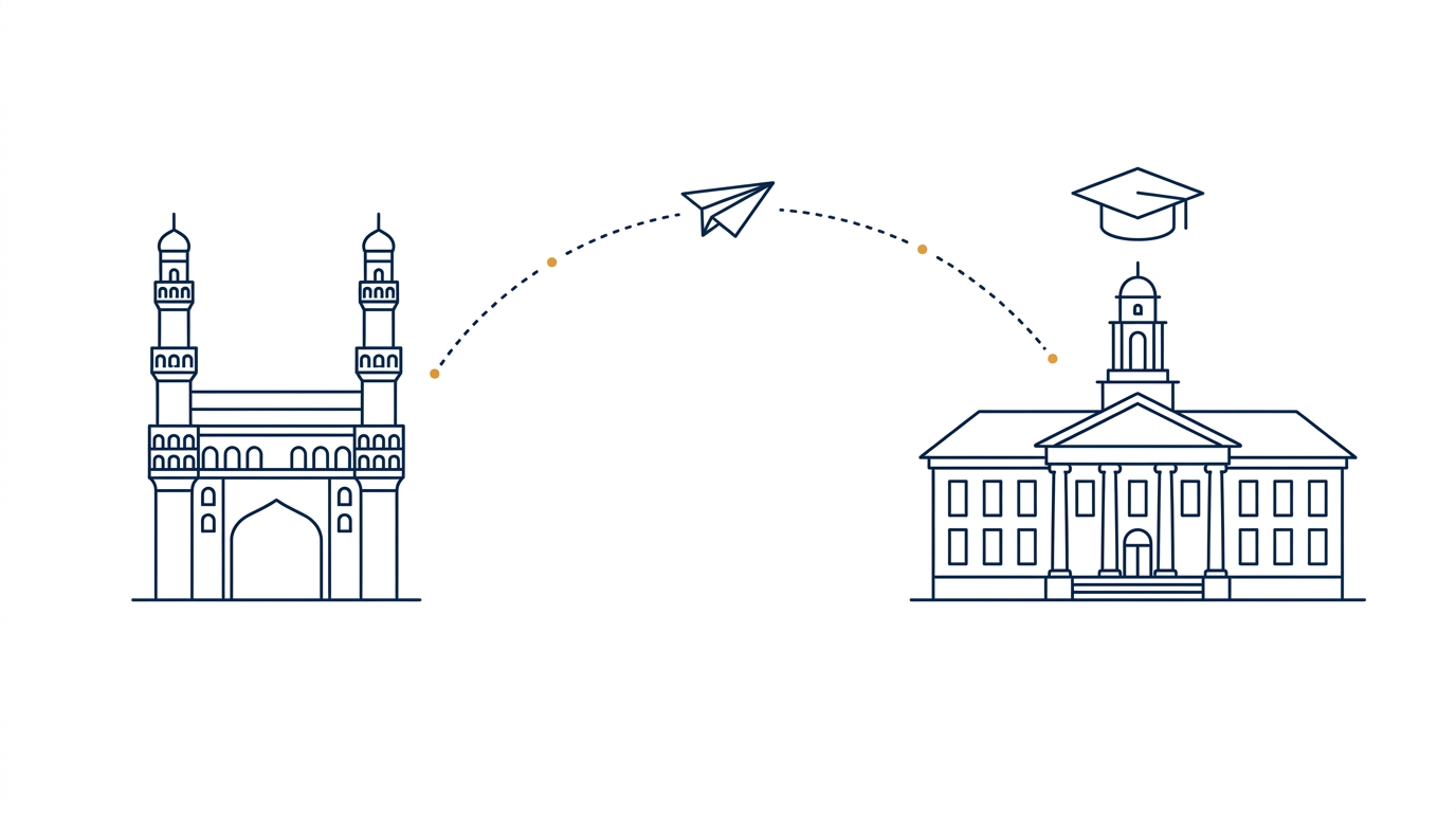 Line illustration of a flight path from Hyderabad's Charminar to an American university